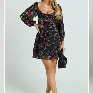 Showpo Black Floral Velvet Dress